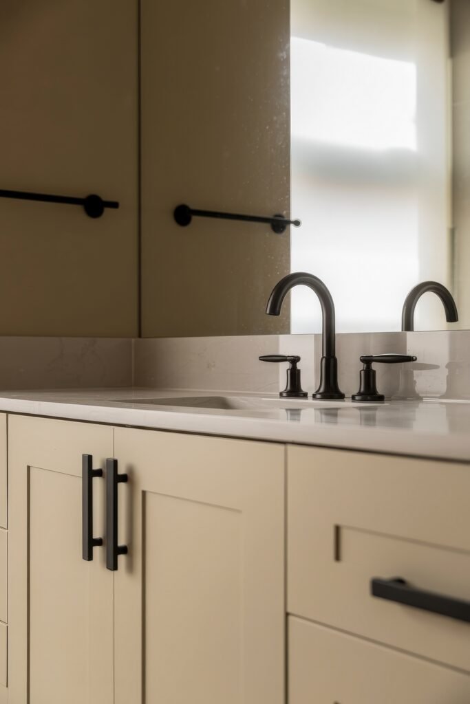 Neutral Bathroom Ideas: Genius Spa-Like Upgrades 4 Close-up of a modern bathroom vanity with a white countertop, light beige cabinetry, and sleek black hardware, set against a mirror reflecting soft daylight and black towel bars.