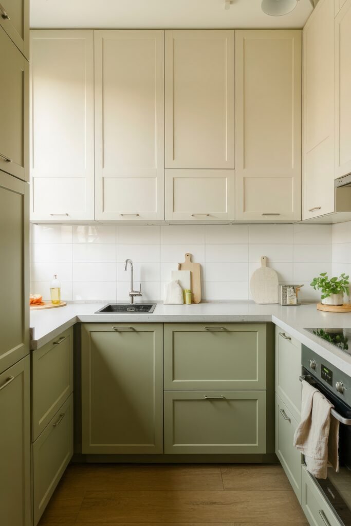 Sage Green Kitchen Bliss: Inspiring Ideas 4 Bright U-shaped Sage Green Kitchen with white upper cabinets, subway tile backsplash, wood-look flooring, and decorative cutting boards.