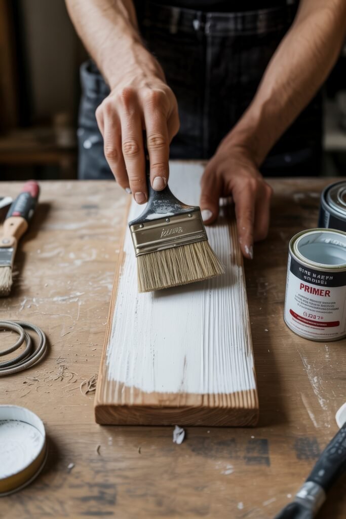 Summer Mantel Decor Tips (Even If You Don’t Have a Fireplace) 5 Close-up of hands painting a wooden board with white primer using a paintbrush, surrounded by painting supplies.