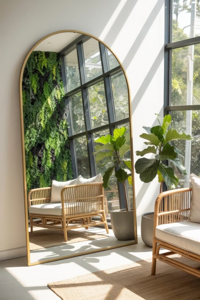 Bright Summer Sunroom Ideas: Airy Decor for Sunny Days 3 Modern sunroom with a tall mirror, rattan seating, potted fiddle leaf figs, and a vertical green wall adding vibrant texture.