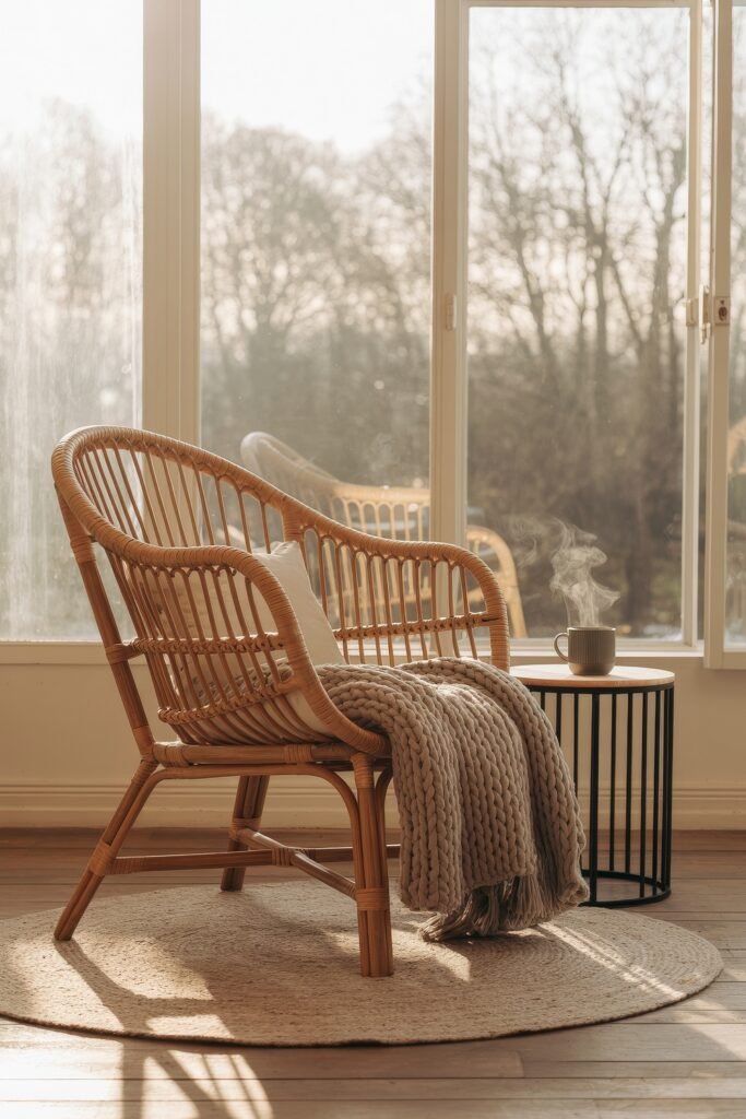 Indoor Sunroom Furniture Ideas for Cozy Winters & Breezy Summers 4 Rattan chair with a knit blanket and steaming mug on a side table in a sun-drenched four-season room.