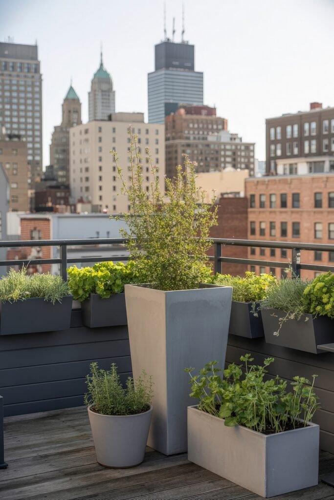 Stylish Rooftop and Terrace Garden Design 5 Urban rooftop garden featuring sleek gray planters filled with herbs and leafy greens, set against a backdrop of city skyscrapers, offering modern terrace garden ideas.