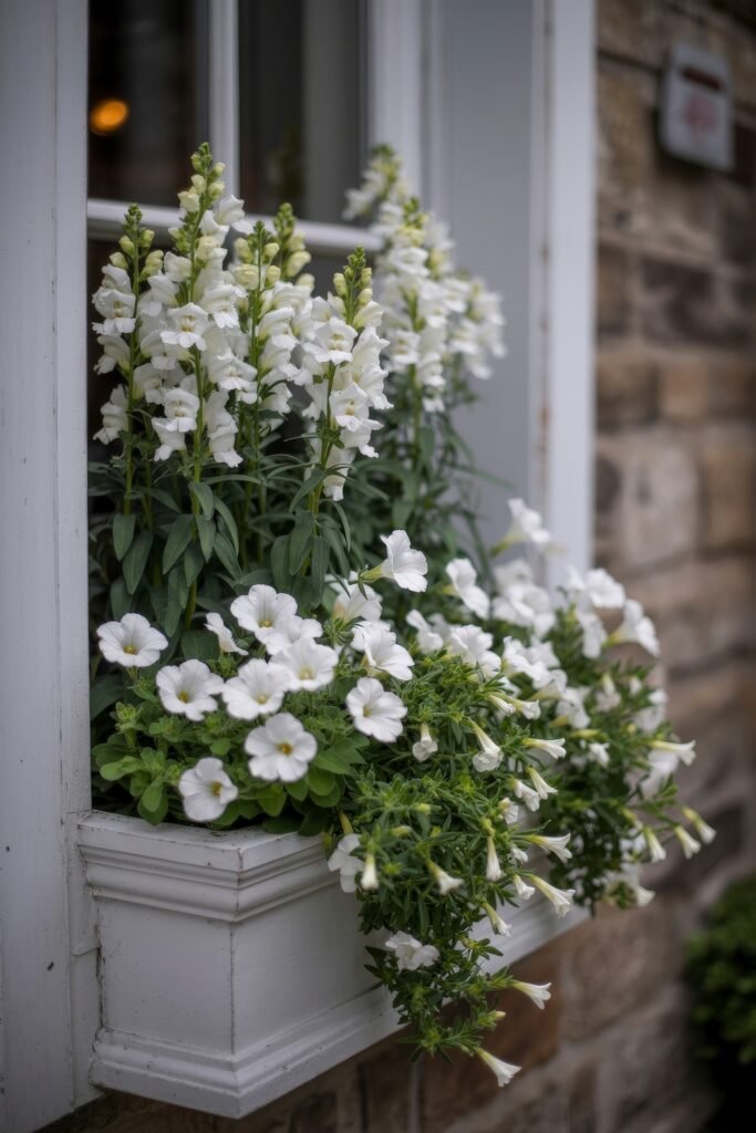 Window box flowers: Genius Ways to Wow Any Apartment 5 A white planter box brimming with white snapdragons and petunias, elegantly arranged on a stone wall under a window, offering a clean and classic take on Window box flowers.