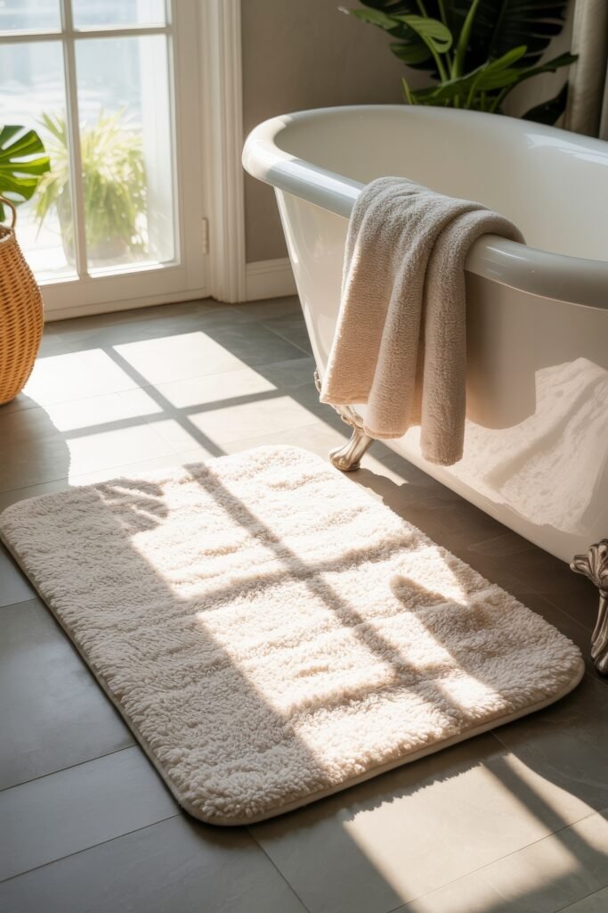 Bathroom Essentials for First Apartment: Genius Must-Haves 6 Creamy plush bath mat placed beside a clawfoot tub with a soft towel draped over the side, illuminated by sunlight streaming through a nearby window.