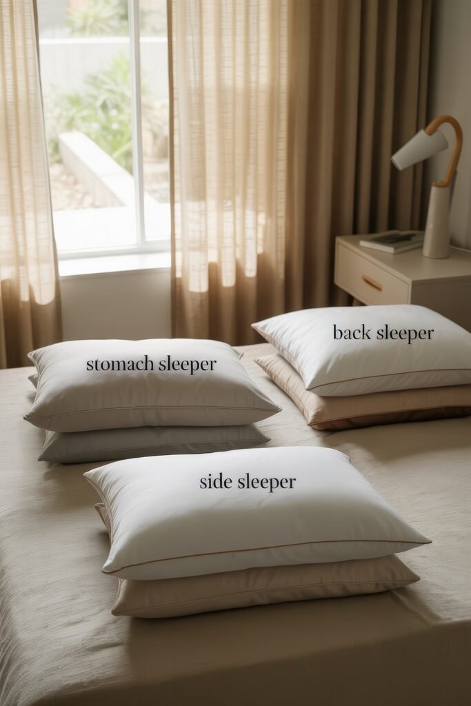 Bedroom Essentials for Your First Apartment: 12 Genius Must-Haves 5 Three labeled pillows arranged on a bed near a window, each tailored for different sleeping positions—stomach sleeper, side sleeper, and back sleeper—demonstrating thoughtful bedroom essentials for first apartment.