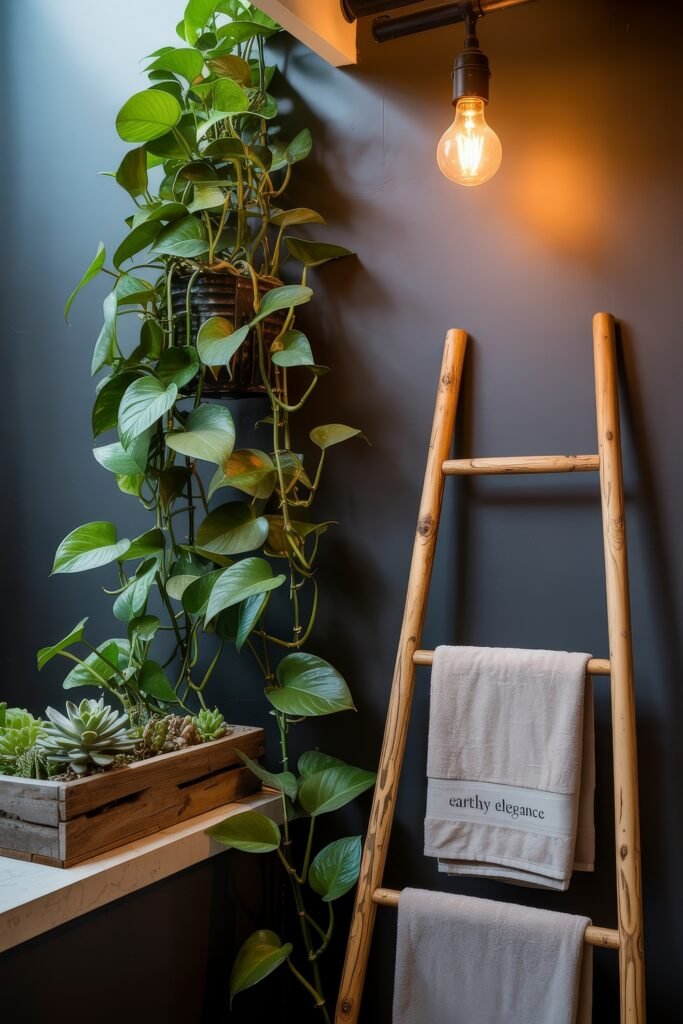 Black Bathroom Ideas: Genius Ways to Create Moody Glam 6 Cozy bathroom corner with climbing pothos plant, wooden towel ladder, and vintage-style exposed bulb, adding organic warmth to the moody space.