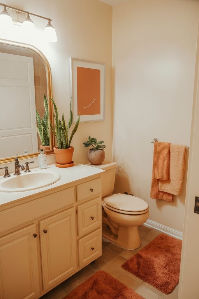 Cream Bathroom Ideas: Genius Ways to Warm Up Your Space 5 Warm-toned bathroom with a cream vanity, beige toilet, orange bath rugs and towels, and two potted plants for a soft, earthy vibe.