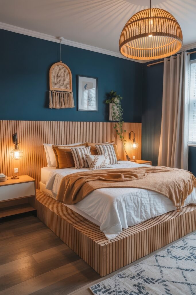 Dark Boho Bedroom Ideas: Unexpected Tricks for Cozy Drama 6 Bohemian-inspired bedroom with a modern wood-slatted bed frame, navy blue accent wall, burnt orange blanket, striped pillows, and soft lighting for a cozy feel.