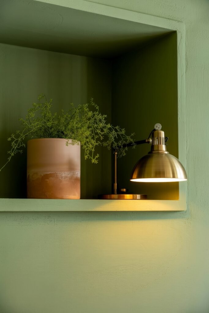 Earthy Bedroom Ideas: 12 Essential Ways to Elevate Your Space 5 Built-in sage green shelf with a terracotta gradient plant pot and a brass reading lamp, blending natural and industrial tones.