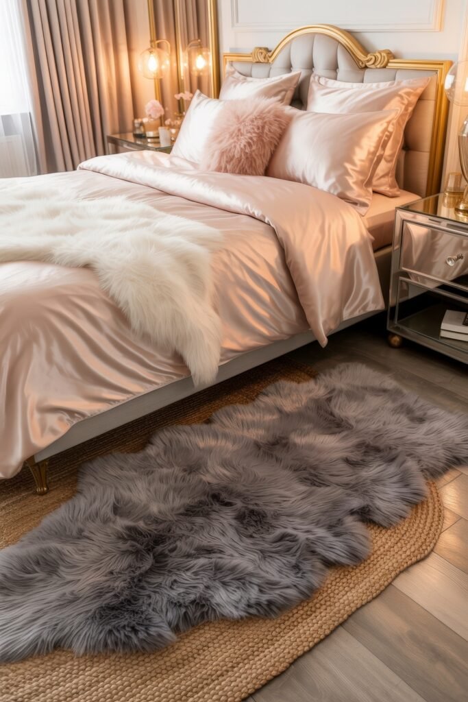Glam Bedroom Décor: Essential Tips for Luxe Sleep 5 Luxury Master Bedroom with champagne-toned satin bedding, gold and mirrored accents, layered faux fur throws, and a dramatic grey fur rug adding opulence to the design.