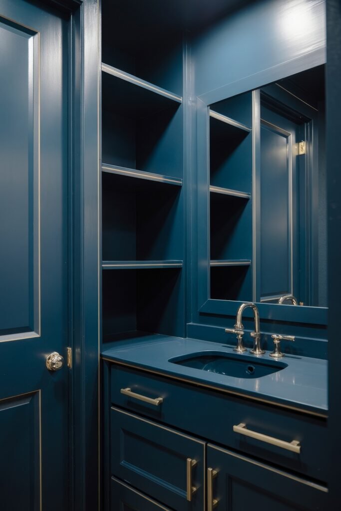 Gothic Bathroom Ideas: Genius Touches for Moody Glam 6 Compact vanity space painted in rich navy blue with gold hardware, integrated shelving, and a matching mirror, presenting a modern interpretation of a Dark & Moody Bathroom Theme.