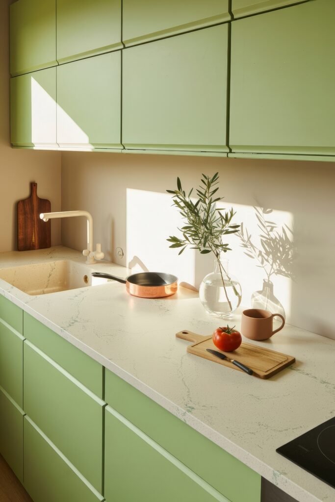 Green Kitchen Cabinets: Stylish Ways to Elevate Style 5 Cozy kitchen space with muted green cabinets, light stone-patterned countertops, and a natural wood cutting board holding a tomato, knife, and a glass vase with greenery catching sunlight.