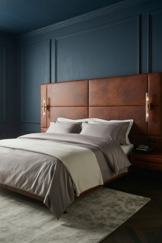 Masculine Luxury Bedroom: Genius Luxe Ideas 5 Sleek masculine bedroom with a large leather-panel headboard, cool-toned taupe bedding, and ambient vertical sconces, emphasizing clean lines and muted luxury.