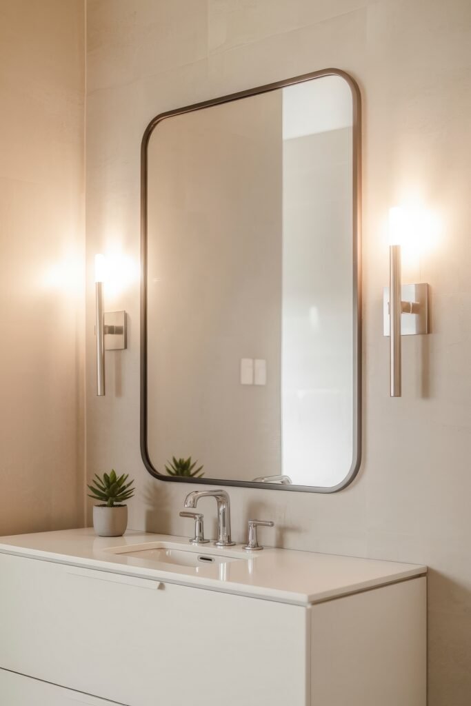 Neutral Bathroom Ideas: Genius Spa-Like Upgrades 5 Contemporary bathroom design with a white vanity, chrome fixtures, and a rounded rectangular mirror flanked by glowing sconces, paired with a small potted succulent for a clean, neutral look.