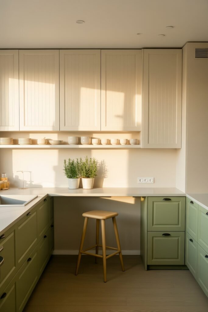 Sage Green Kitchen Bliss: Inspiring Ideas 5 Sunlit corner kitchen featuring sage green lower cabinets, cream upper cupboards, and potted rosemary adding life to the clean, airy design.