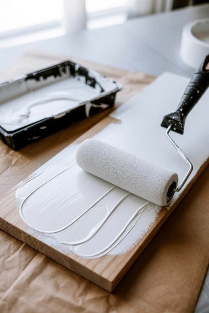 Summer Mantel Decor Tips (Even If You Don’t Have a Fireplace) 6 Paint roller applying white paint on a wooden board over craft paper, with a tray of white paint nearby.