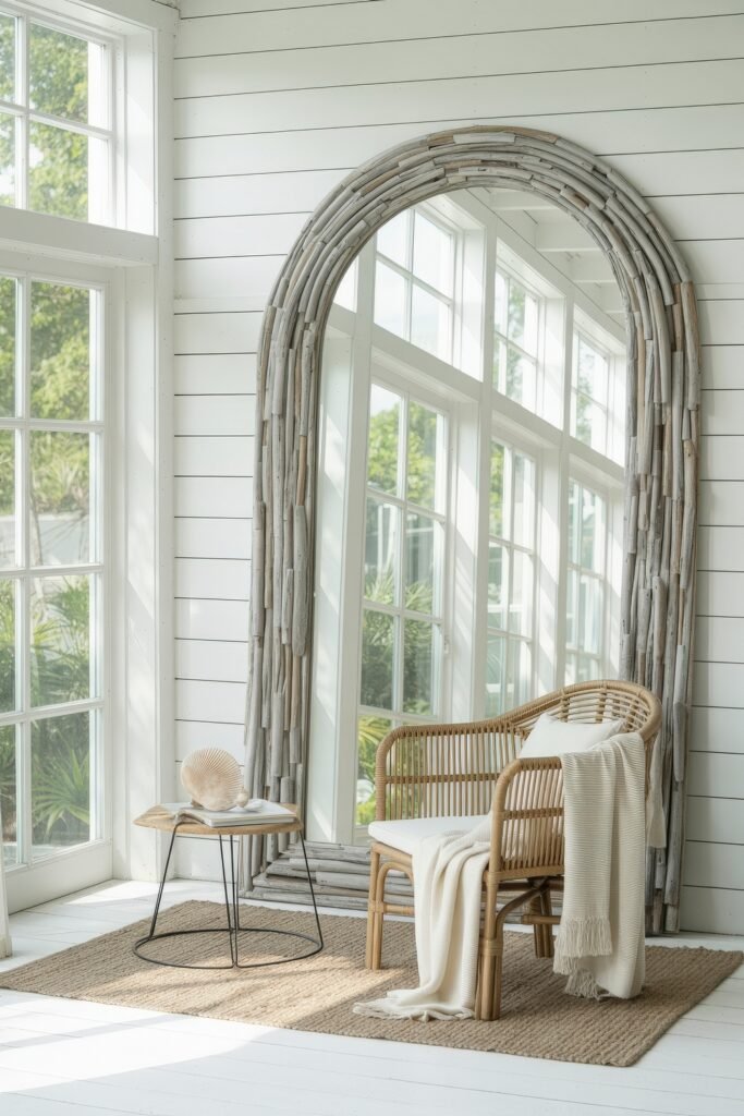 Bright Summer Sunroom Ideas: Airy Decor for Sunny Days 4 Coastal-inspired sunroom with a large arched mirror, wicker chair, light throw blanket, and a seashell accent on a side table.
