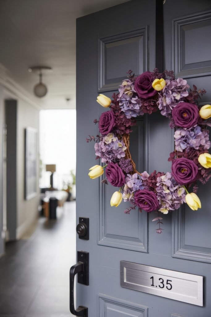 Summer Wreaths for Front Door: Welcoming the Season with Warmth and Color 4 Blue door with a bold wreath of purple roses, hydrangeas, and yellow tulips, making a striking summer décor statement.