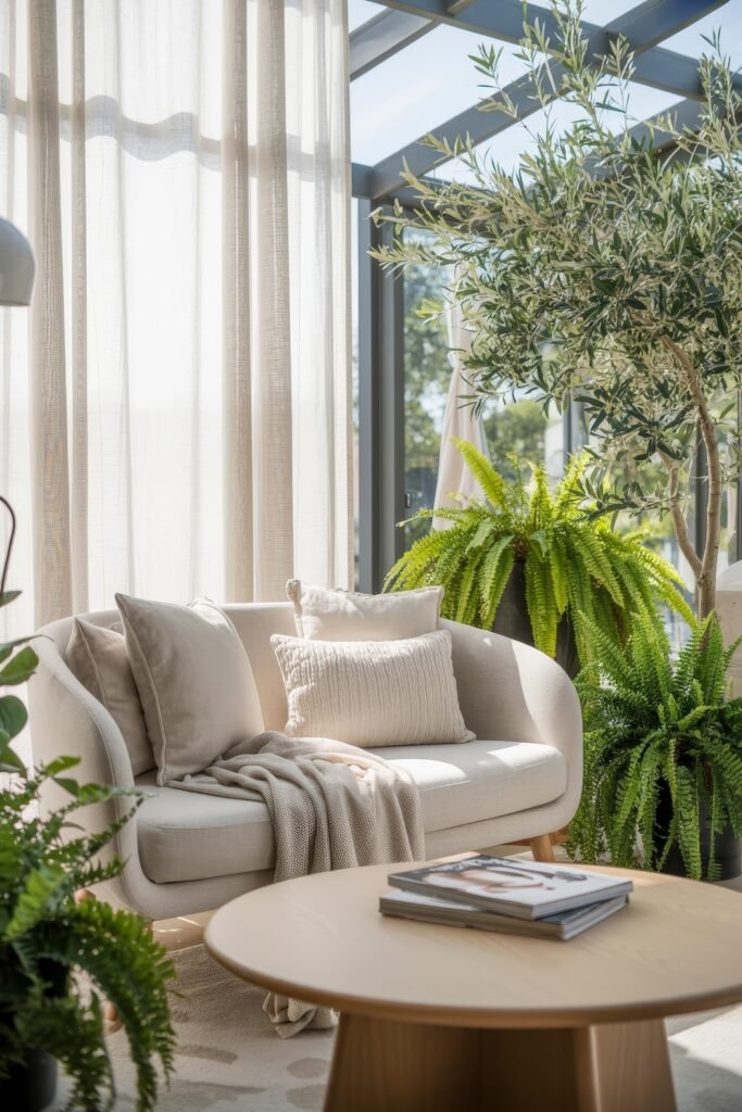 Indoor Sunroom Furniture Ideas for Cozy Winters & Breezy Summers 5 Light-filled sunroom with a modern cream loveseat, textured pillows, and lush green plants.