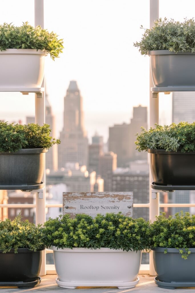 Stylish Rooftop and Terrace Garden Design 6 Rooftop ledge lined with planters of vibrant green foliage, framed by a sign that reads “Rooftop Serenity,” presenting tranquil and organized Balcony & Terrace Gardening.
