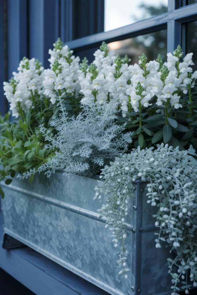 Window box flowers: Genius Ways to Wow Any Apartment 6 A galvanized metal window planter featuring white snapdragons, silvery foliage, and cascading white berries, providing a cool-toned, sophisticated Balcony & Terrace Gardening arrangement.