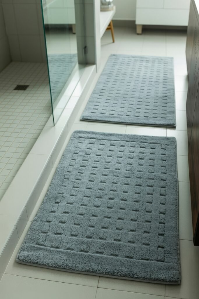 Bathroom Essentials for First Apartment: Genius Must-Haves 7 Pair of grey bath mats with a geometric pattern laid out on a tiled bathroom floor near a glass shower, showcasing practical bathroom essentials for first apartment.