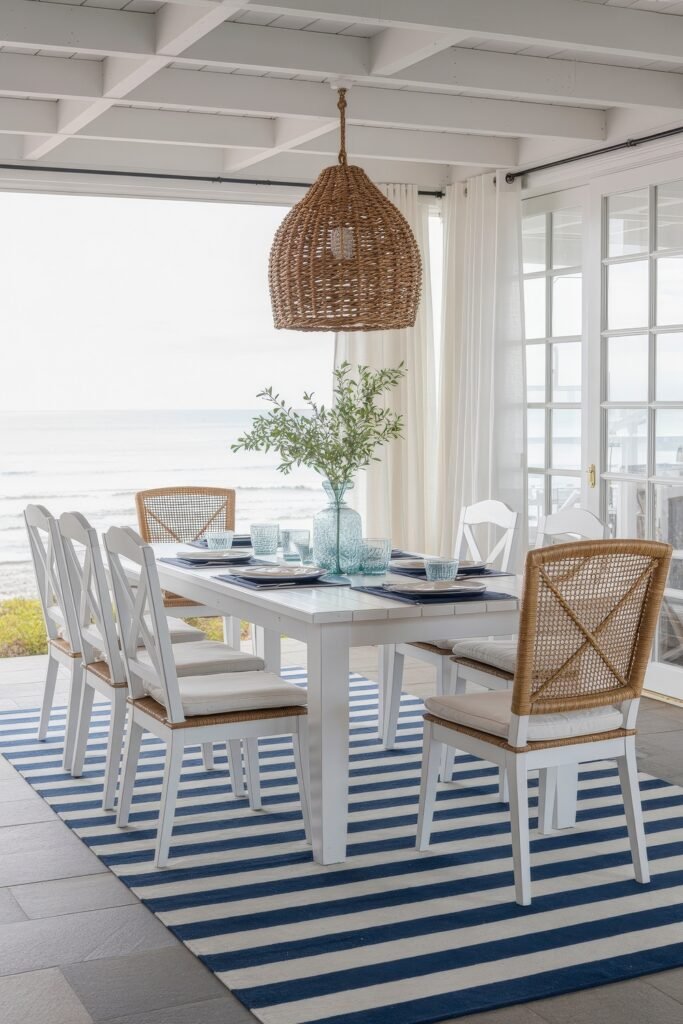 Coastal Summer Vibes for City Apartments 7 Coastal dining area with a white table, wicker chairs, blue and white striped rug, and ocean views, embodying coastal summer decor.