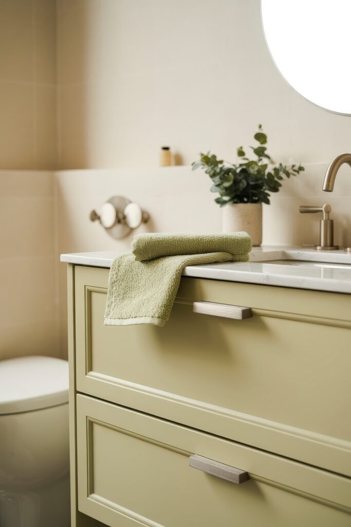 Cream Bathroom Ideas: Genius Ways to Warm Up Your Space 6 Minimalist bathroom vanity in muted green with a marble top, soft lighting, and green towel decor for a fresh and clean neutral look.