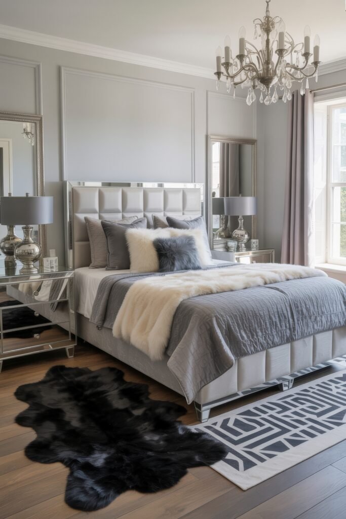 Glam Bedroom Décor: Essential Tips for Luxe Sleep 6 Sophisticated grey and silver bedroom with mirrored furniture, plush textiles, and a black fur rug, styled under a sparkling chandelier to create a true Luxury Master Bedroom.