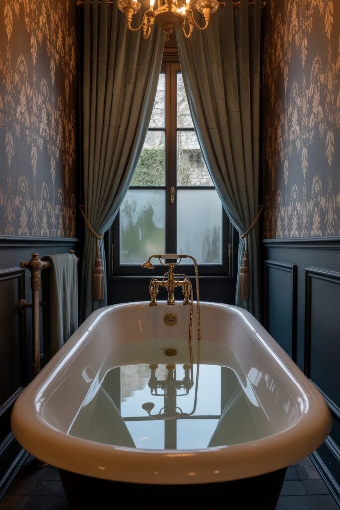 Gothic Bathroom Ideas: Genius Touches for Moody Glam 7 Freestanding bathtub filled with water, positioned beneath a window framed by luxurious drapes and a chandelier, set against patterned dark wallpaper, offering a regal Gothic ambiance.