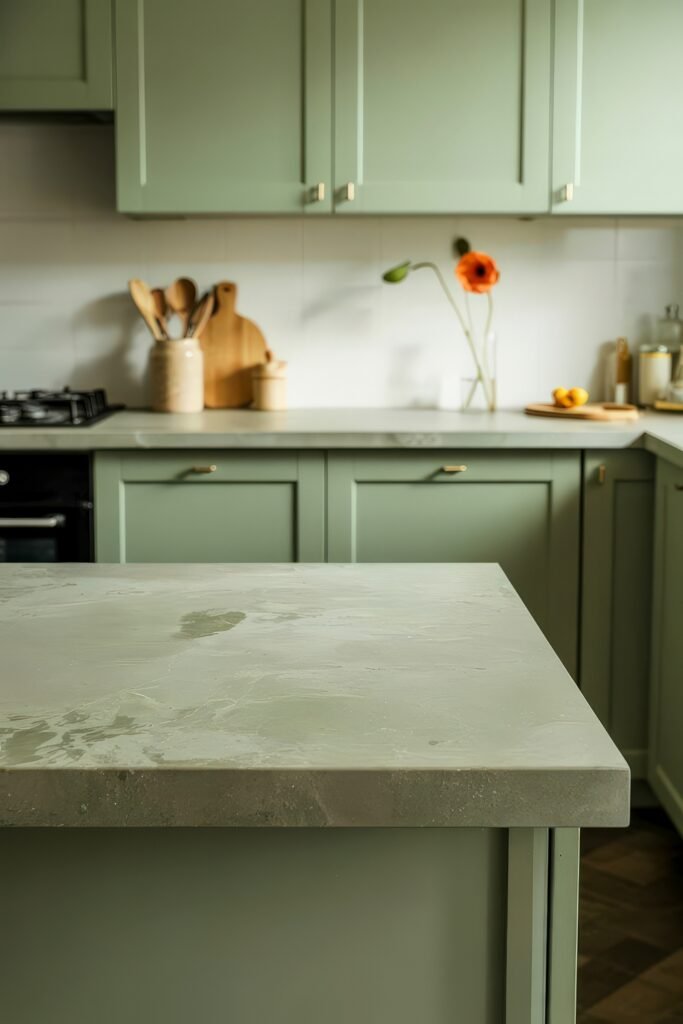 Green Kitchen Cabinets: Stylish Ways to Elevate Style 6 Homey kitchen with muted sage cabinets, stone-textured countertop island, and a white tile backsplash, accented by wooden utensils and a single orange flower in a glass vase.