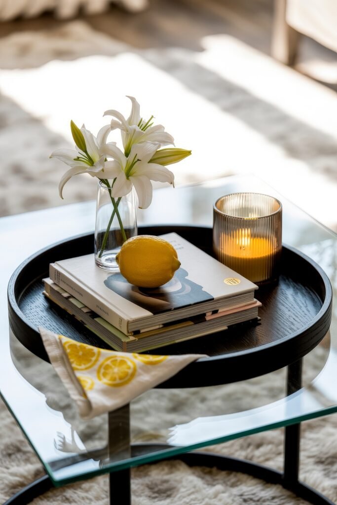 Sunshine on a Budget: Bright Lemon Décor Ideas for Your Home 5 Modern coffee table vignette featuring a lemon, white lilies, a lit candle, and books, with a lemon-patterned napkin adding a cheerful touch.