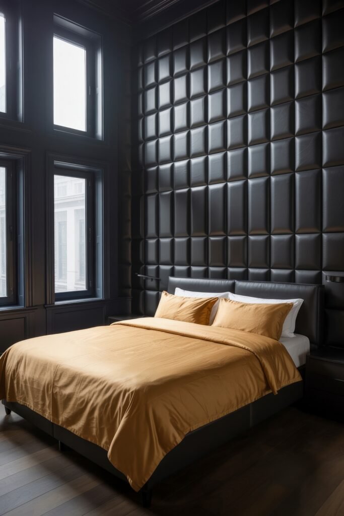 Masculine Luxury Bedroom: Genius Luxe Ideas 6 Dramatic bedroom with a towering padded black wall and tall windows, highlighting a simple bed with rich tan bedding and dark wood flooring for a bold, luxury aesthetic.
