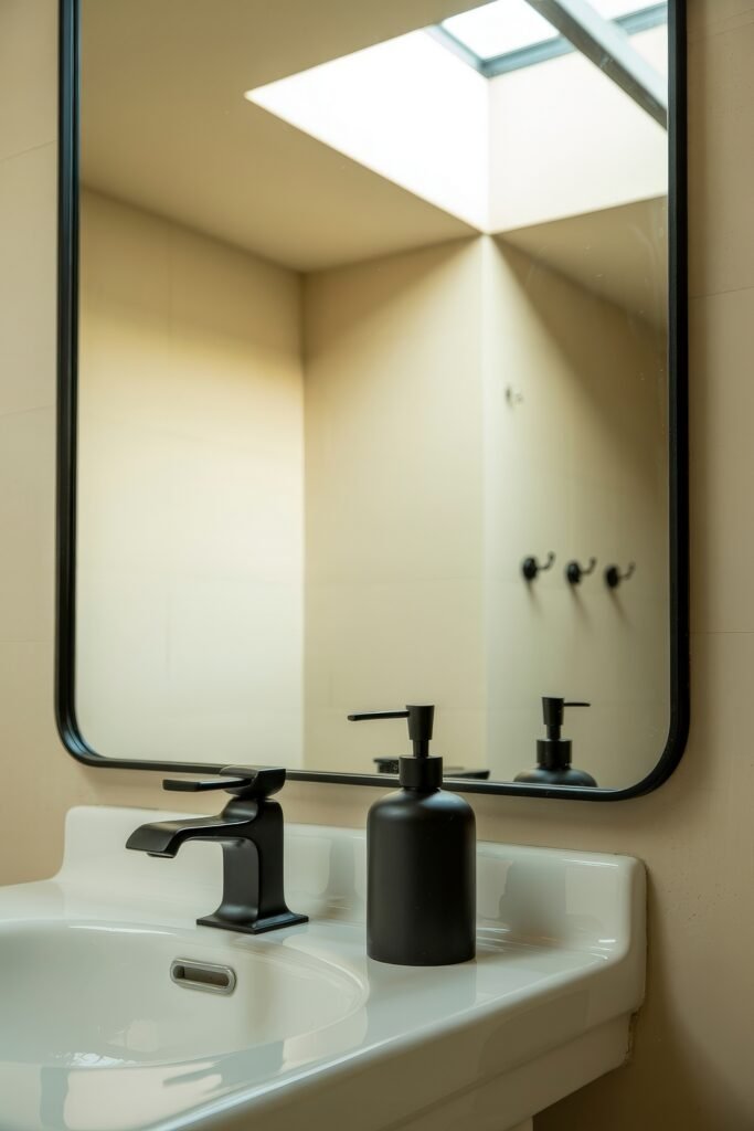 Neutral Bathroom Ideas: Genius Spa-Like Upgrades 6 Elegant bathroom sink setup with a square matte black faucet and matching soap dispenser, placed in front of a large mirror reflecting a skylight and wall hooks.