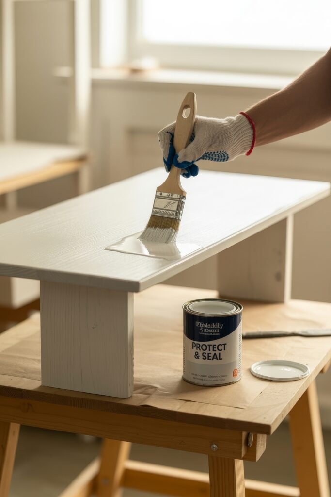 Summer Mantel Decor Tips (Even If You Don’t Have a Fireplace) 7 Hand in glove painting a white wooden bench with protective sealant, can of protect and seal on the workbench.