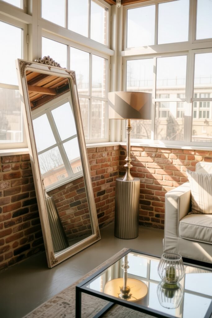 Bright Summer Sunroom Ideas: Airy Decor for Sunny Days 5 Industrial-style sunroom with brick walls, leaning vintage mirror, elegant floor lamp, and a glass coffee table reflecting sunlight.