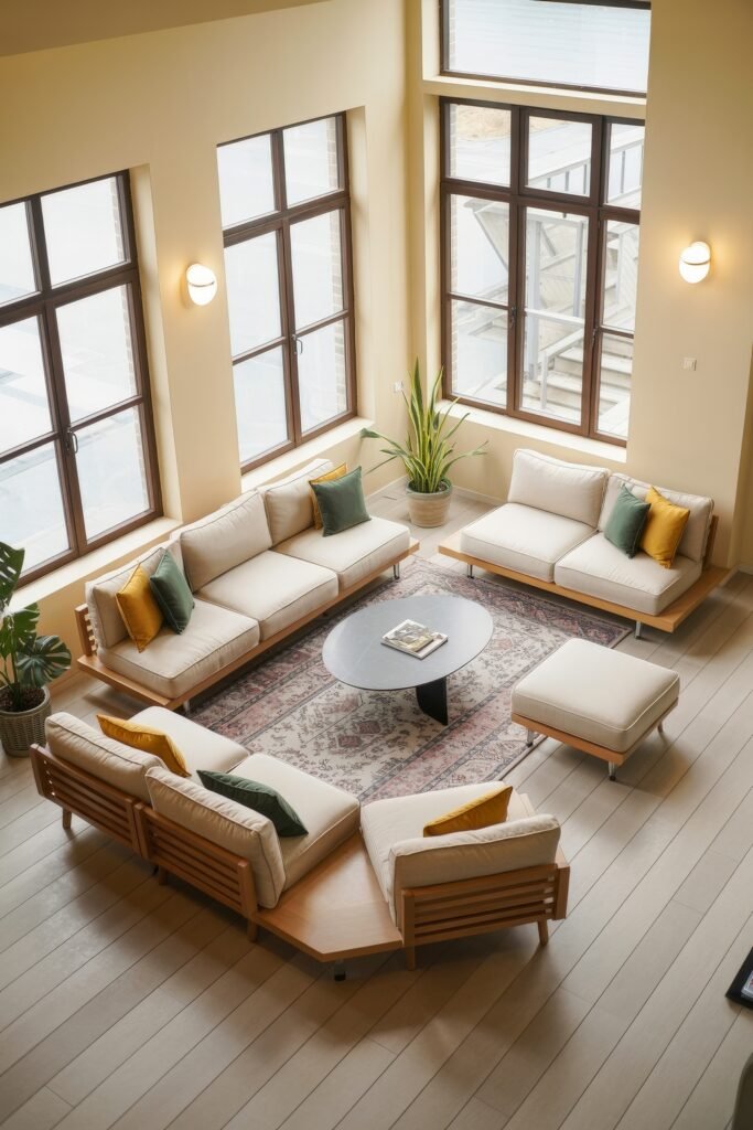Indoor Sunroom Furniture Ideas for Cozy Winters & Breezy Summers 6 Spacious sunroom with a large sectional, green and yellow pillows, and a patterned rug around a black coffee table.