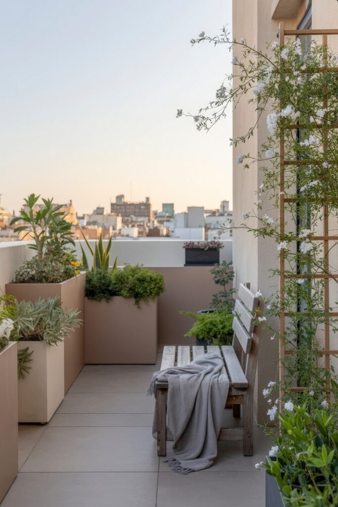 Stylish Rooftop and Terrace Garden Design 7 Cozy balcony scene with a wooden bench, soft gray throw, and a variety of flowering and foliage plants in planters, illustrating peaceful and stylish terrace garden ideas.