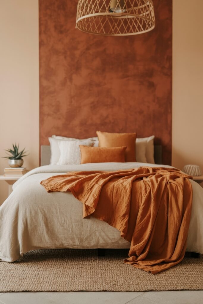 Terracotta Bedroom Ideas: Genius Ways to Glow 7 Contemporary bedroom with a rust-toned accent panel behind the bed, beige bedding layered with burnt orange pillows and throw, and a jute rug on a tiled floor.