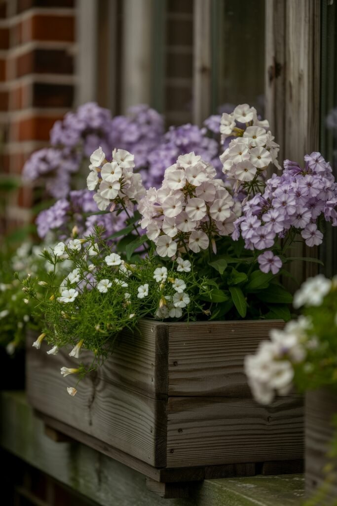 Window box flowers: Genius Ways to Wow Any Apartment 7 A wooden flower box densely planted with lavender and white phlox, accented by delicate trailing greenery, nestled against an old window, perfect for Window box flowers lovers.