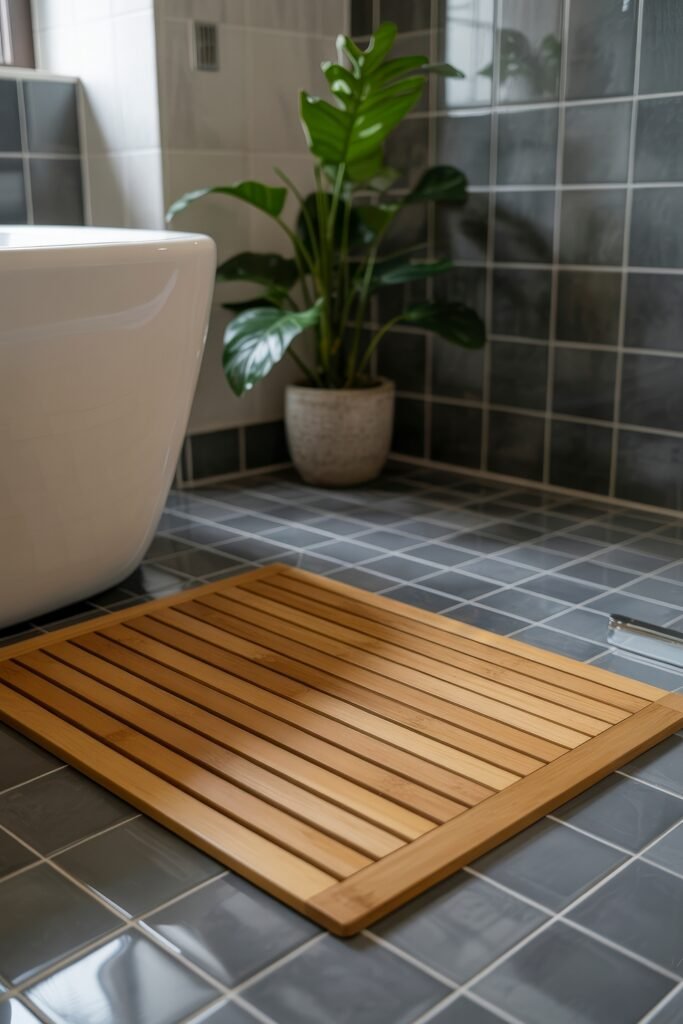 Bathroom Essentials for First Apartment: Genius Must-Haves 8 A slatted bamboo bath mat placed on gray tiled flooring beside a modern bathtub and a leafy green potted plant, offering a natural touch to bathroom essentials for first apartment.