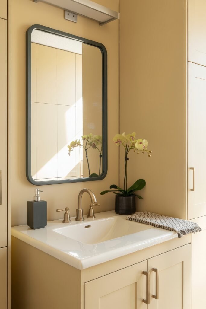 Cream Bathroom Ideas: Genius Ways to Warm Up Your Space 7 Compact bathroom vanity area with beige cabinetry, a rectangular mirror, brass fixtures, and an orchid in a dark pot, creating a refined Cream Bathroom Ideas atmosphere.