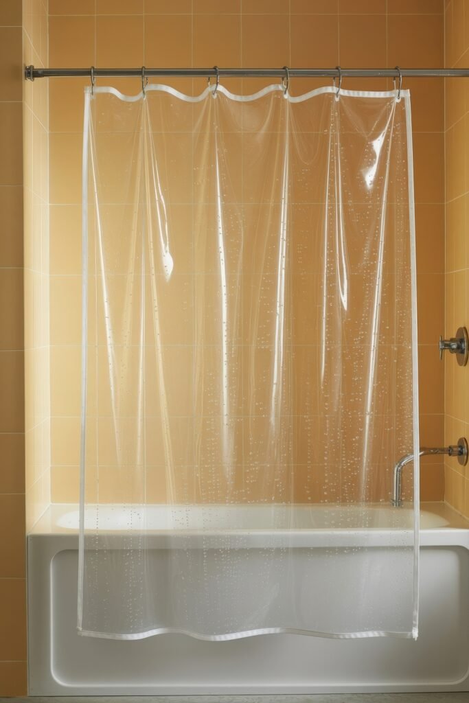 Bathroom Essentials for First Apartment: Genius Must-Haves 9 A clear plastic shower curtain with water droplets hanging from a rod over a white bathtub, set against warm yellow tiles, serving as a practical barrier for water control.