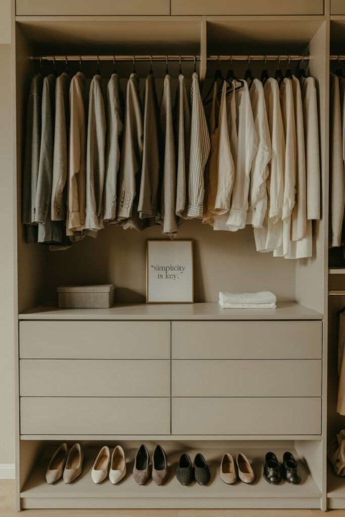 Bedroom Essentials for Your First Apartment: 12 Genius Must-Haves 6 Minimalist closet with beige-toned shirts hanging above drawers and a row of neatly aligned shoes below, with a framed quote reading "simplicity is key"—a tidy storage idea for first apartment planning.