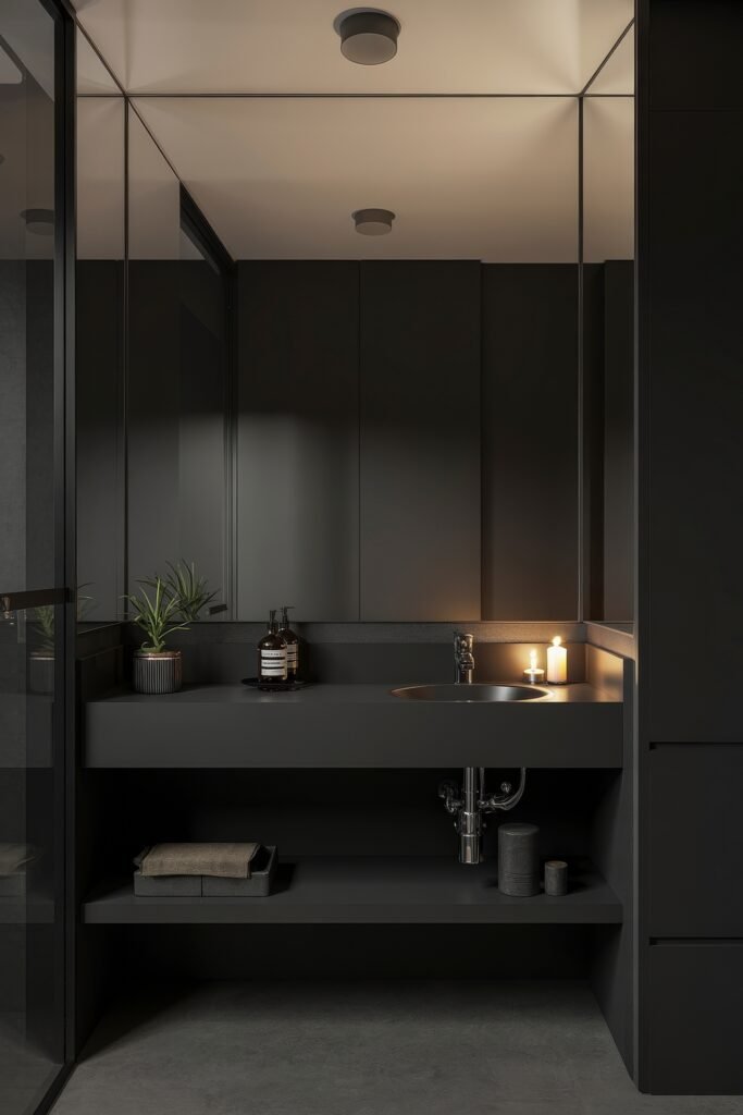 Black Bathroom Ideas: Genius Ways to Create Moody Glam 7 Minimalist black vanity with a round metal sink, amber soap dispensers, potted plant, and a glowing candle, all set against mirrored cabinets in a Dark & Moody Bathroom Theme.