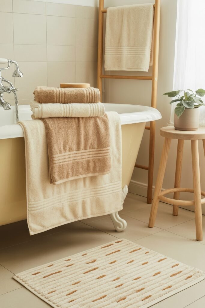 Cream Bathroom Ideas: Genius Ways to Warm Up Your Space 8 Cream and tan bathroom with stacked towels on a freestanding tub, wooden ladder rack, and natural wood accents embodying cozy Cream Bathroom Ideas.