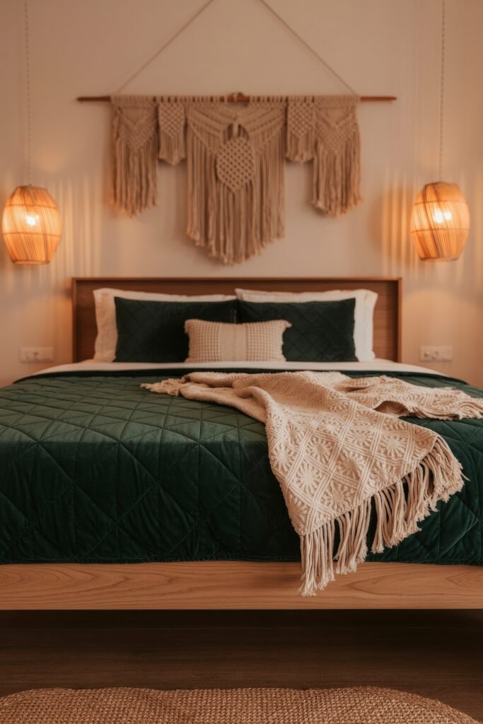 Dark Boho Bedroom Ideas: Unexpected Tricks for Cozy Drama 7 Minimal Boho bedroom with a quilted emerald green bedspread, macrame throw, natural wood furniture, and statement macrame art flanked by woven pendant lights.