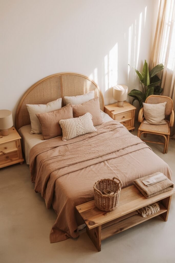 Earthy Bedroom Ideas: 12 Essential Ways to Elevate Your Space 6 Sunlit Bohemian bedroom with a rattan arch headboard, soft beige and tan bedding, light wood furniture, and a woven basket on a bench at the foot of the bed.