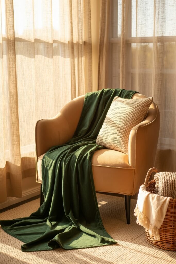 Cozy Fall Sunroom Ideas: Autumn Decor for a Warm Retreat 7 Tan accent chair with a green velvet throw and cream pillow next to a wicker basket in a softly lit sunroom.