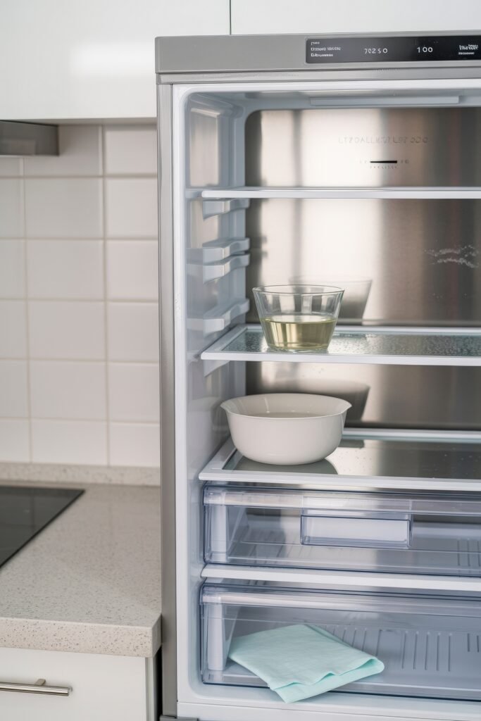 First Apartment Checklist: Essential Tips You’ll Love 7 Nearly empty refrigerator in a new kitchen with two bowls on shelves and a pack of paper towels—suggesting early days of moving in and stocking essentials.